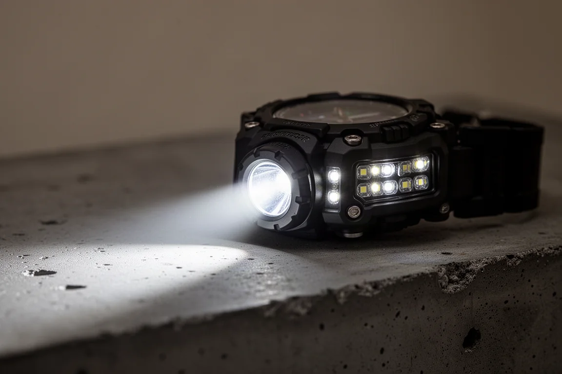 Lanterna LED dell'orologio che proietta luce bianca su una superficie scura