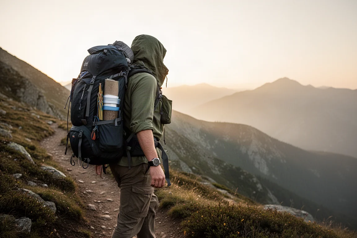 Persona che cammina in montagna con uno zaino caricato su un sentiero