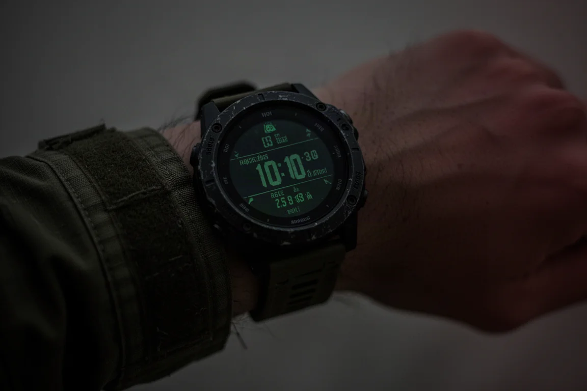 Polso con orologio GPS robusto che si illumina di verde tenero nel buio