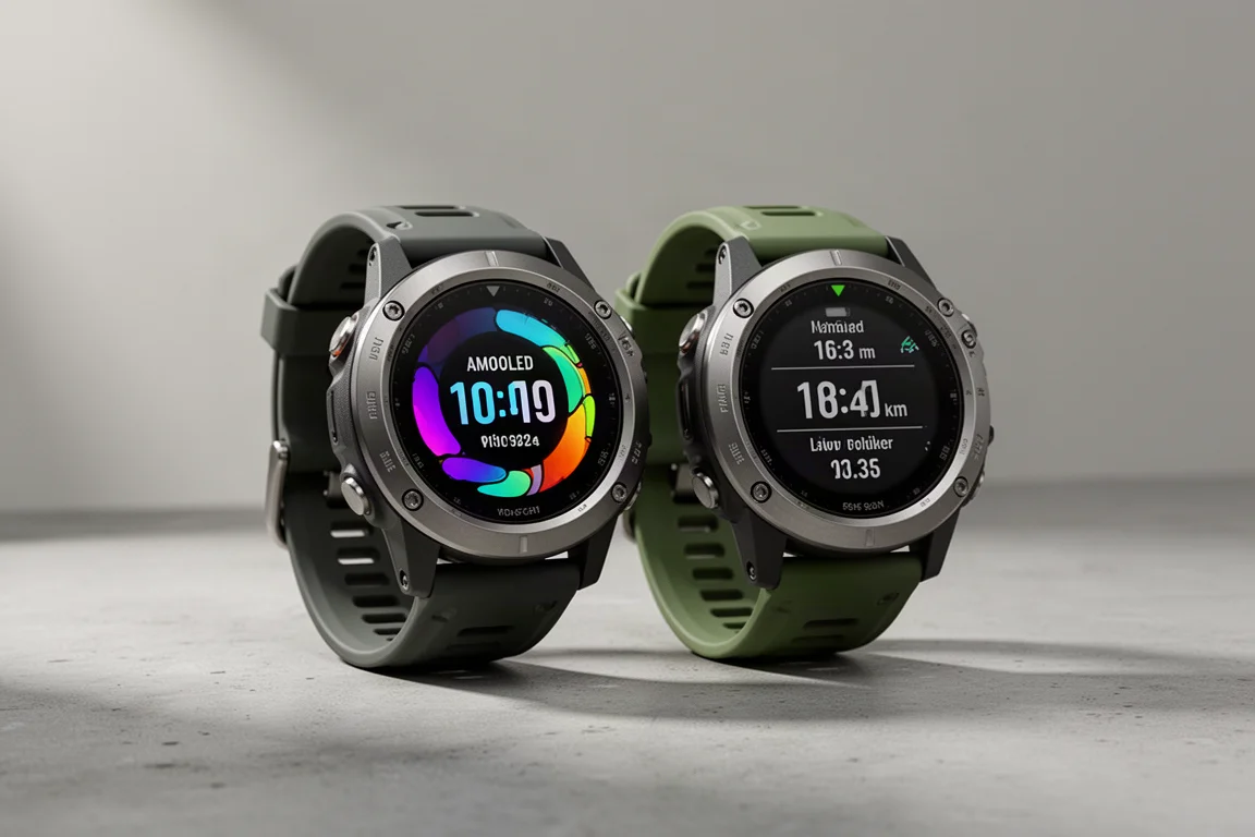 Two rugged Garmin Instinct 3 watches side by side on a concrete surface