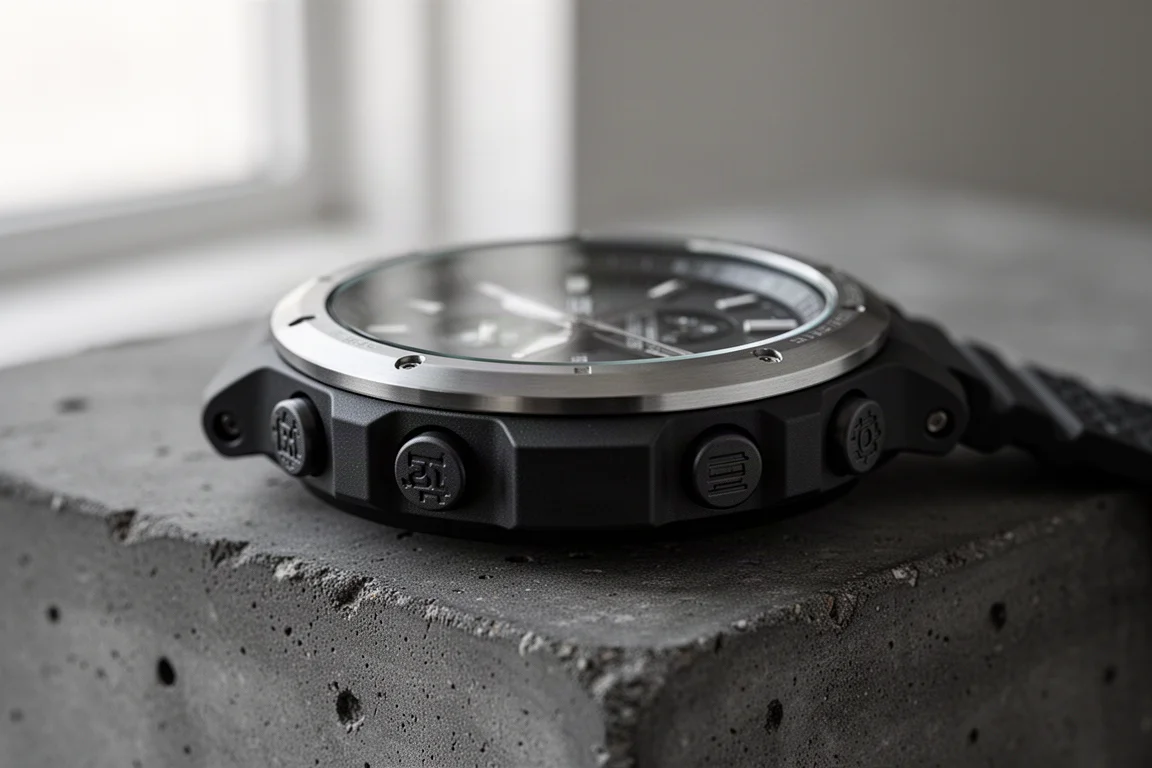 Close-up of a rugged GPS watch bezel with a smooth inner diameter and exposed metal accents