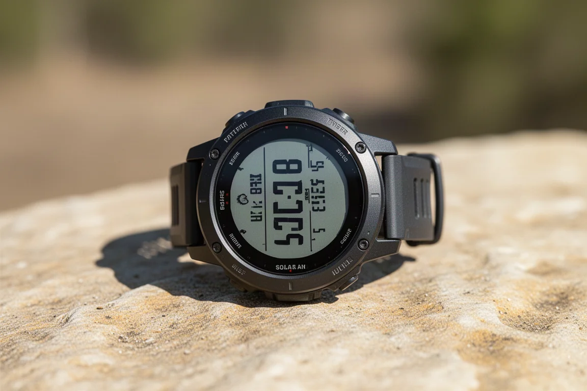 Transflective memory pixel watch display in direct sunlight showing crisp high-contrast data