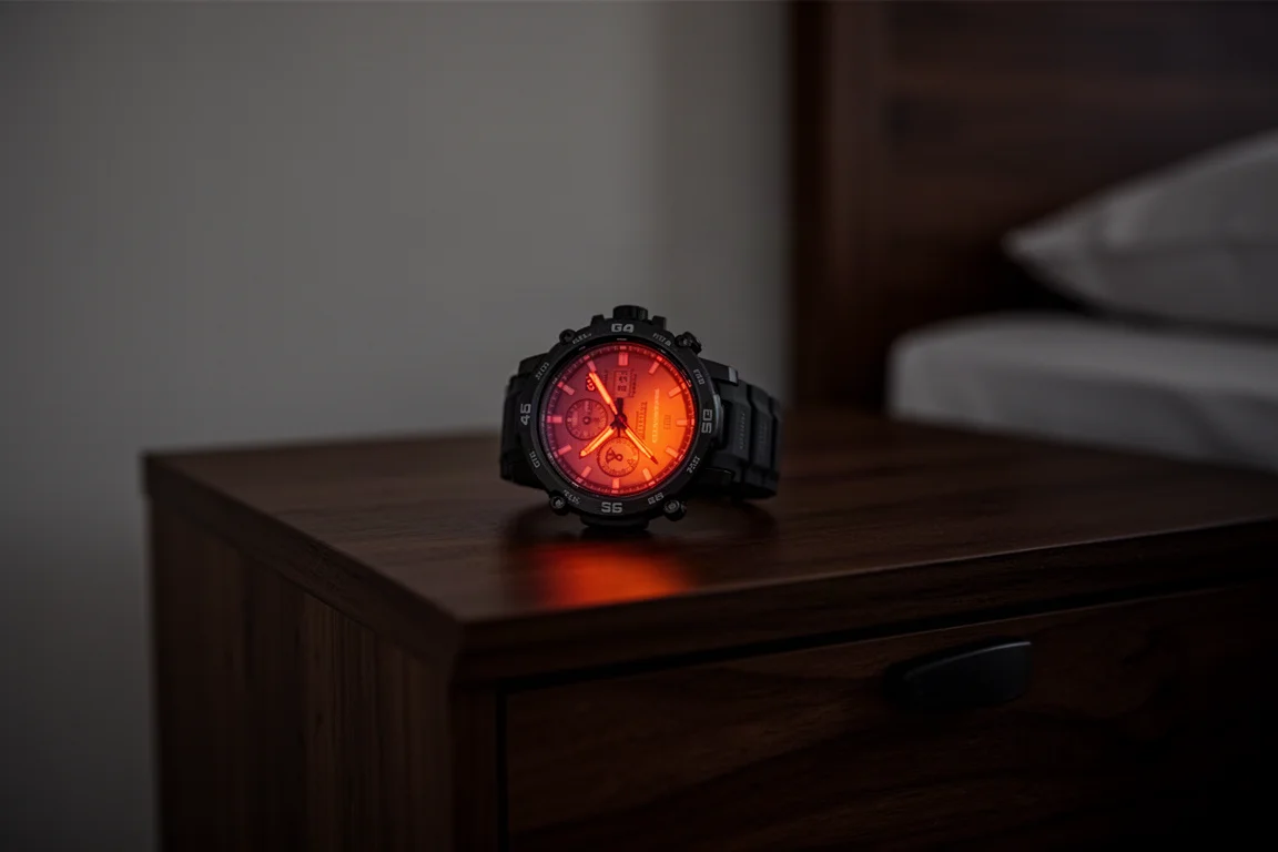 Sports watch on a nightstand with a dim red-toned screen during evening hours