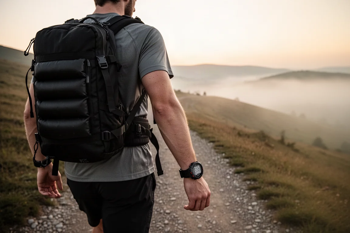 Athlete with a weighted pack hiking a trail at dawn, wearing a GPS sports watch