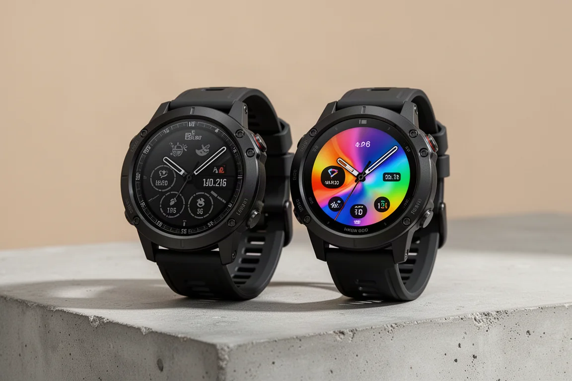 Two rugged GPS sports watches side by side, one with a solar display and one with an AMOLED display