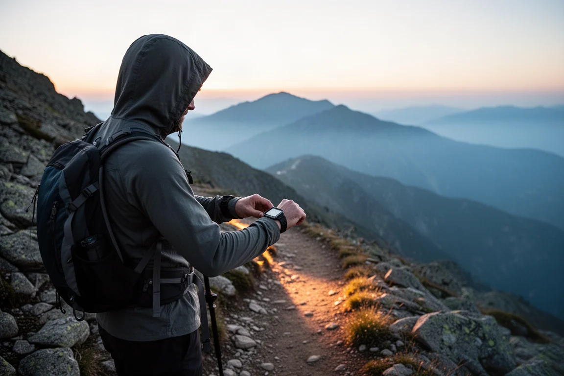 登山客在清晨的山徑上查看手腕上的運動錶