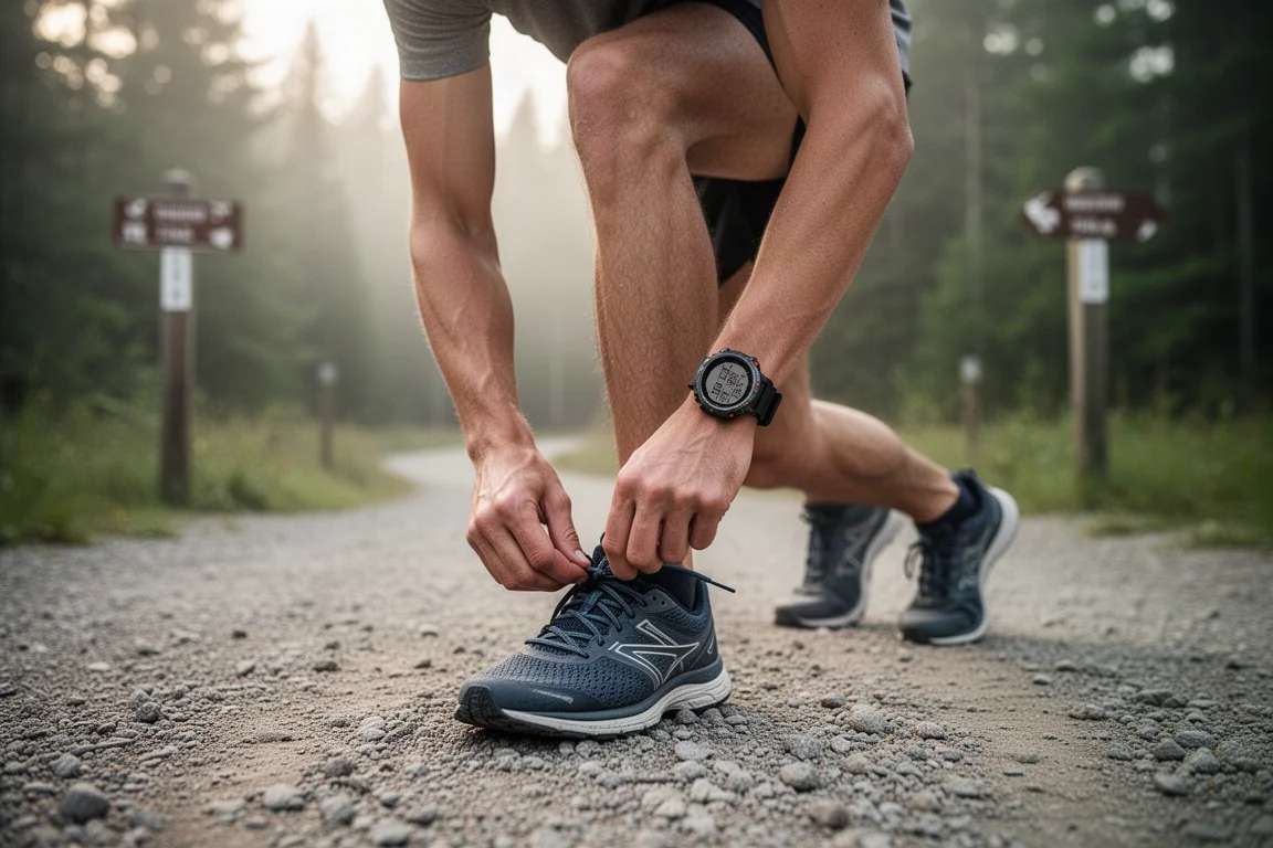 跑者在登山口整理裝備,手腕上戴著 GPS 運動錶