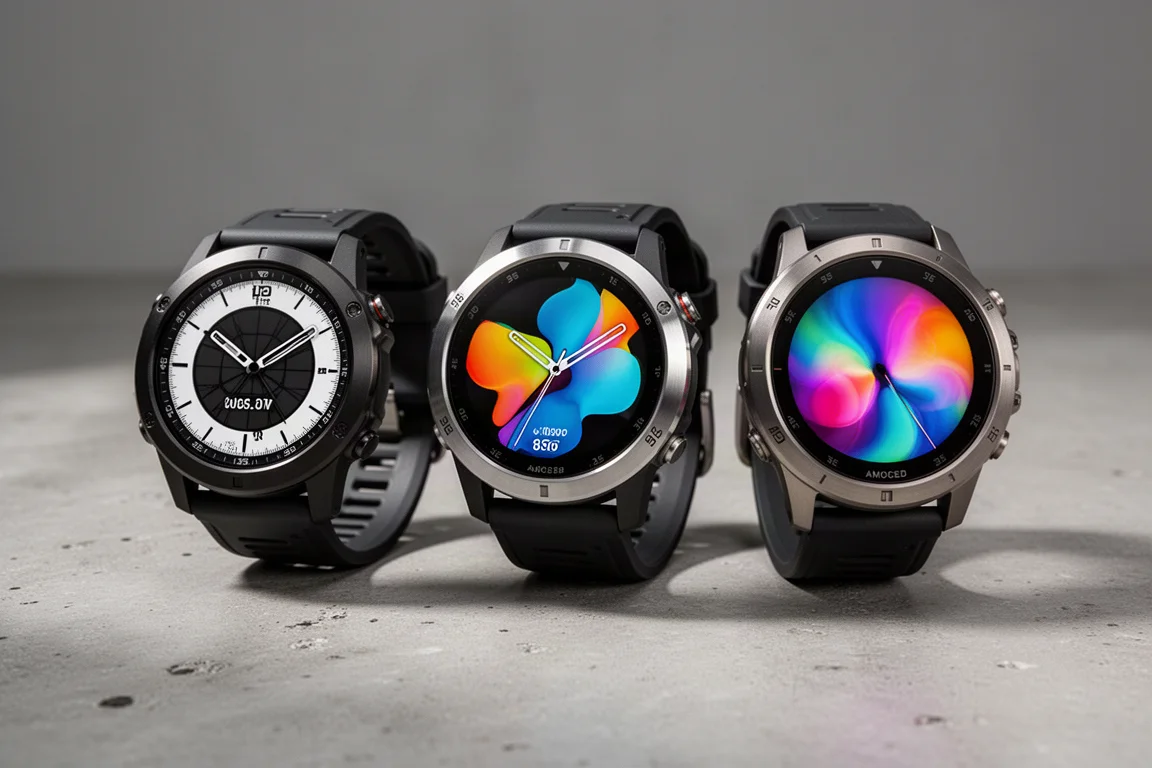 Tre robusti smartwatch multisport GPS con display diversi su una superficie in calcestruzzo