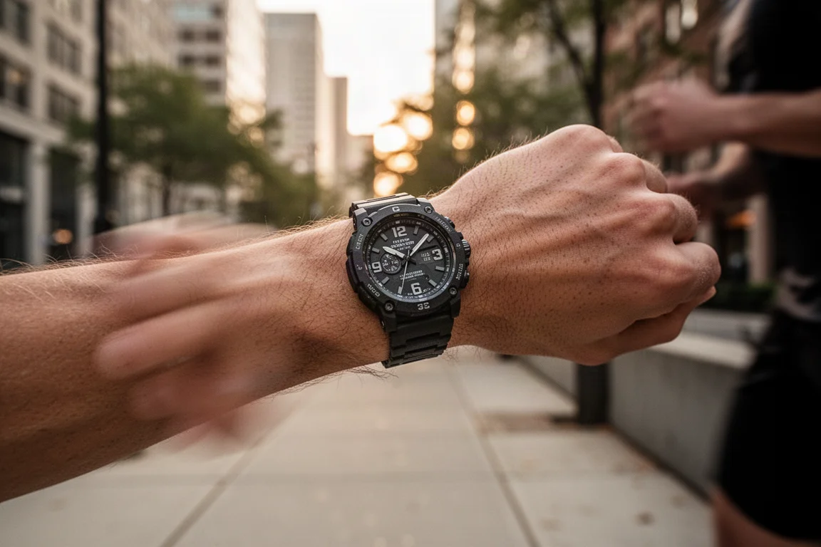 Runner checking a rugged GPS watch during a city run