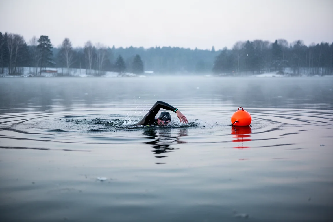 Open water swimmer with a GPS buoy in cold water