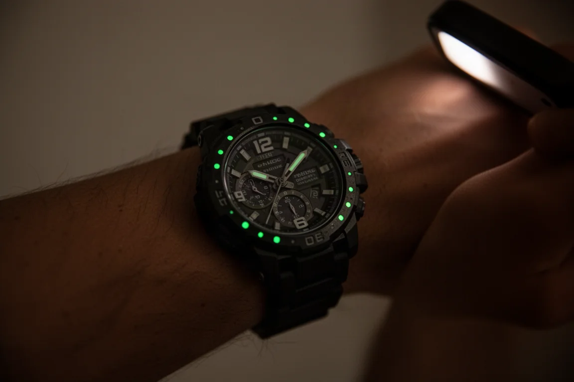 Wrist wearing the watch at night with glowing luminous bezel dots
