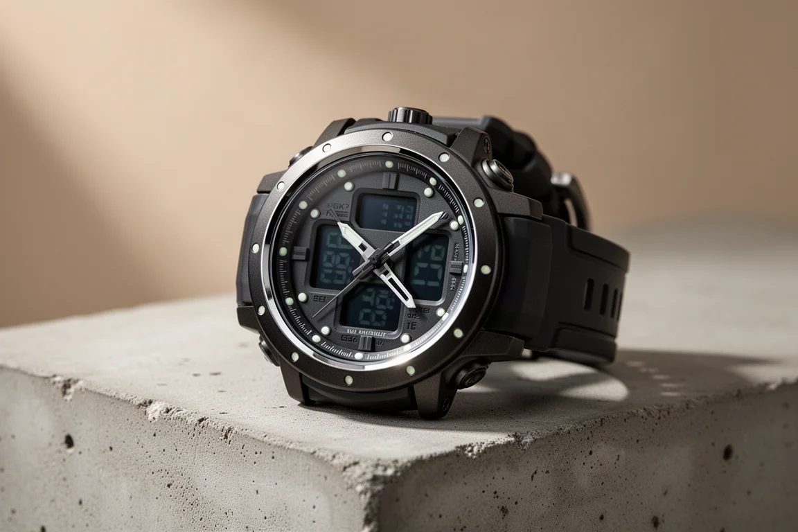 Robuste Garmin Instinct Crossover Sportuhr mit analogen Zeigern auf Beton