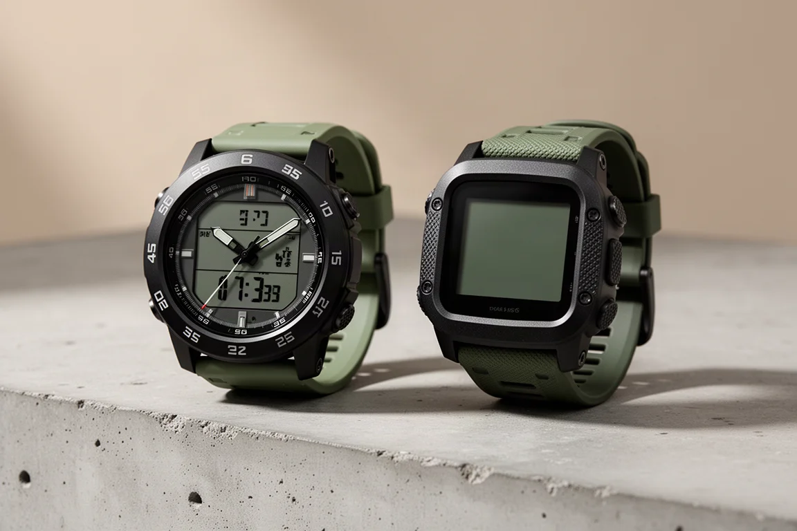 兩款 rugged GPS 運動手錶放在混凝土上,其中一款在數碼顯示屏上有模擬指針