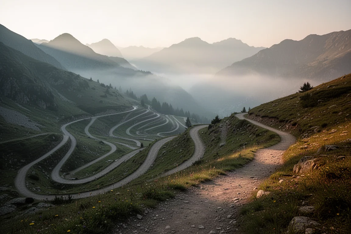 Misty mountain trail switchbacks at dawn with no people visible