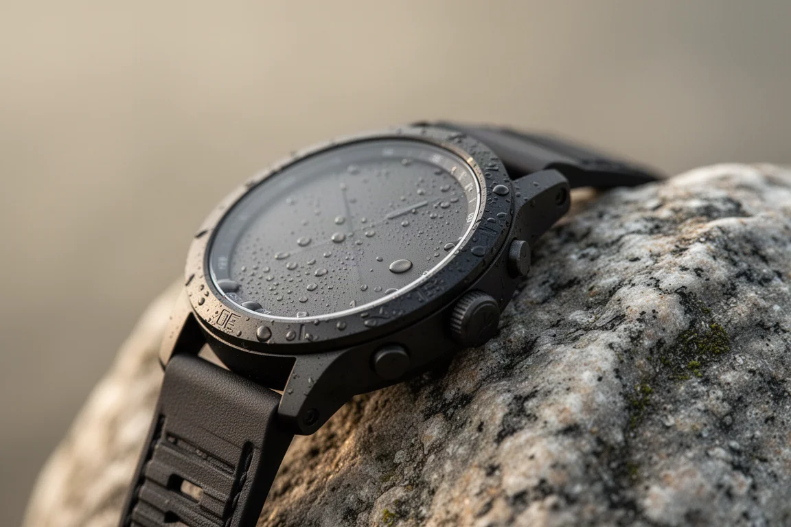 Rugged watch case with raised bezel resting against a granite boulder