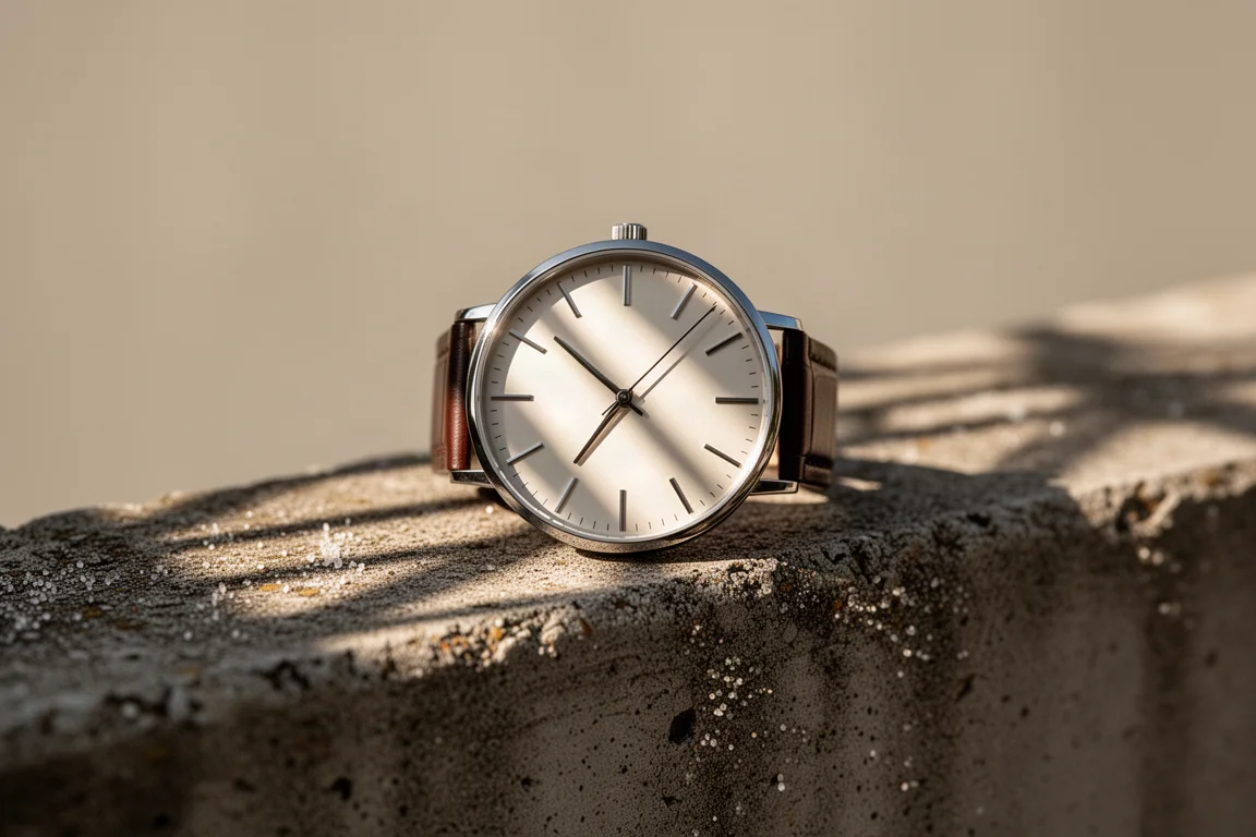 Hard afternoon sunlight falling across a watch dial on a concrete ledge