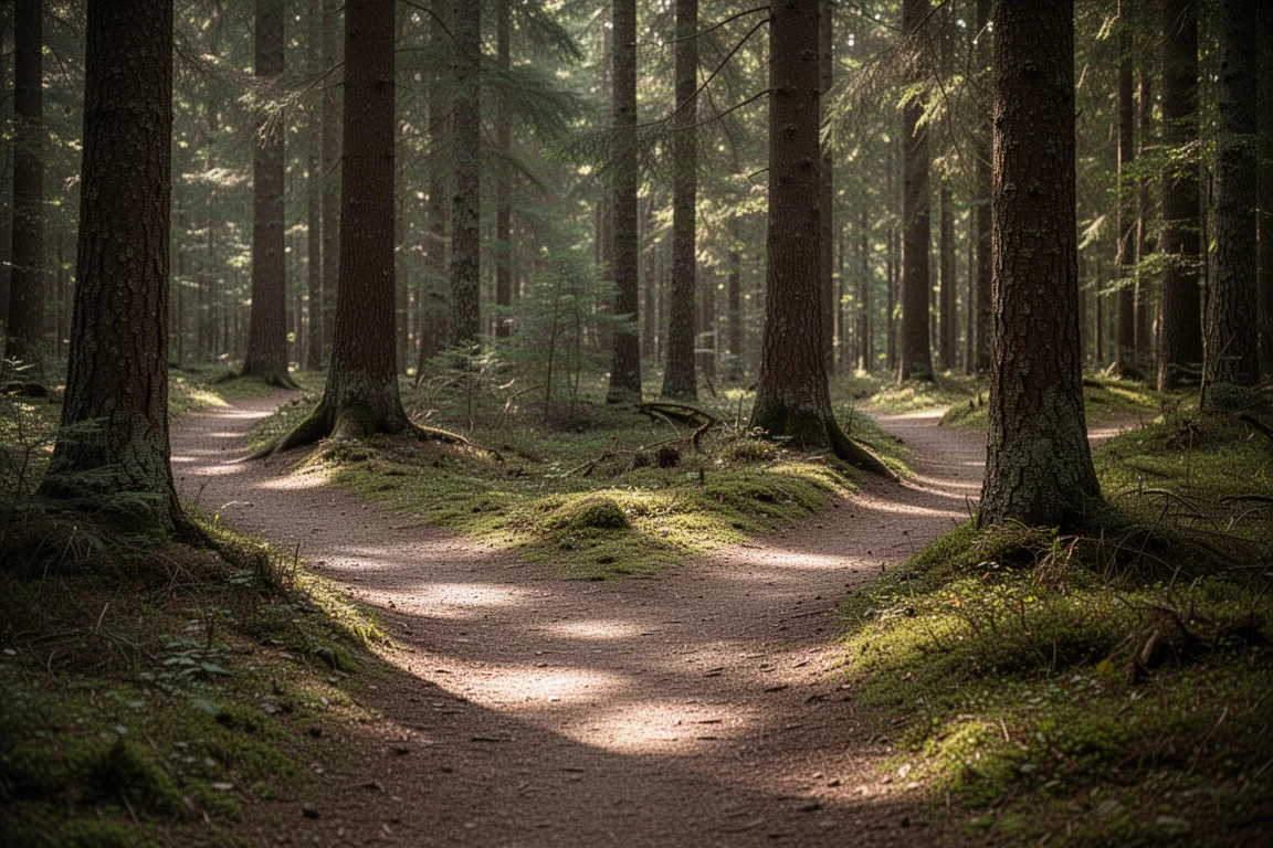 Forest trail junction with three diverging paths in dappled light