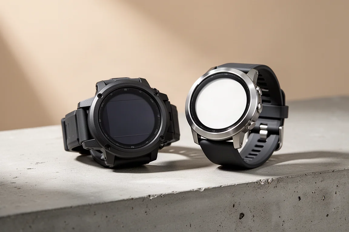 Two solar GPS watches side by side on a matte concrete surface