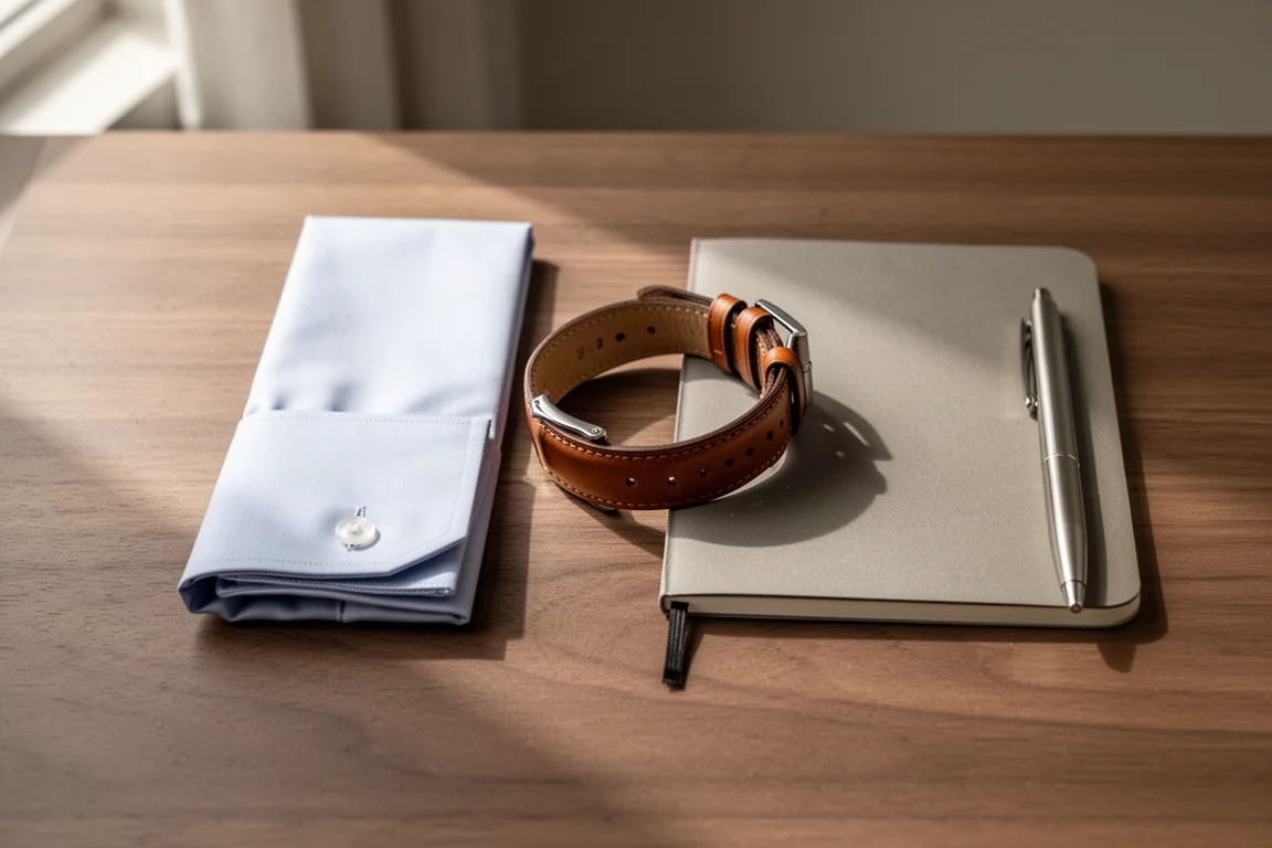Platt layout av skjortmanschett, klockarmband i läder och anteckningsbok på skrivbord i trä