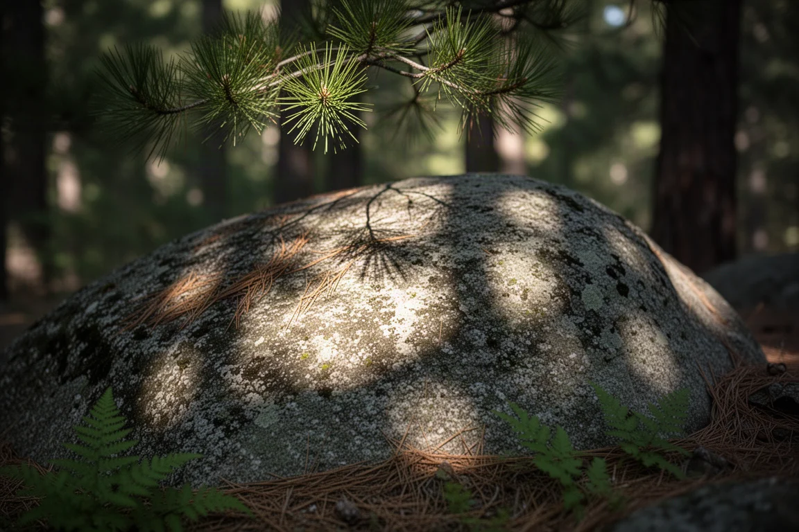 Solljus genom tallgrenar som faller på en granitblock i en skog