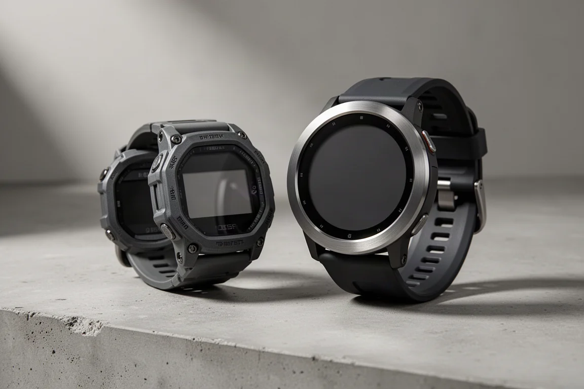Two adventure smartwatches side by side on a matte concrete surface