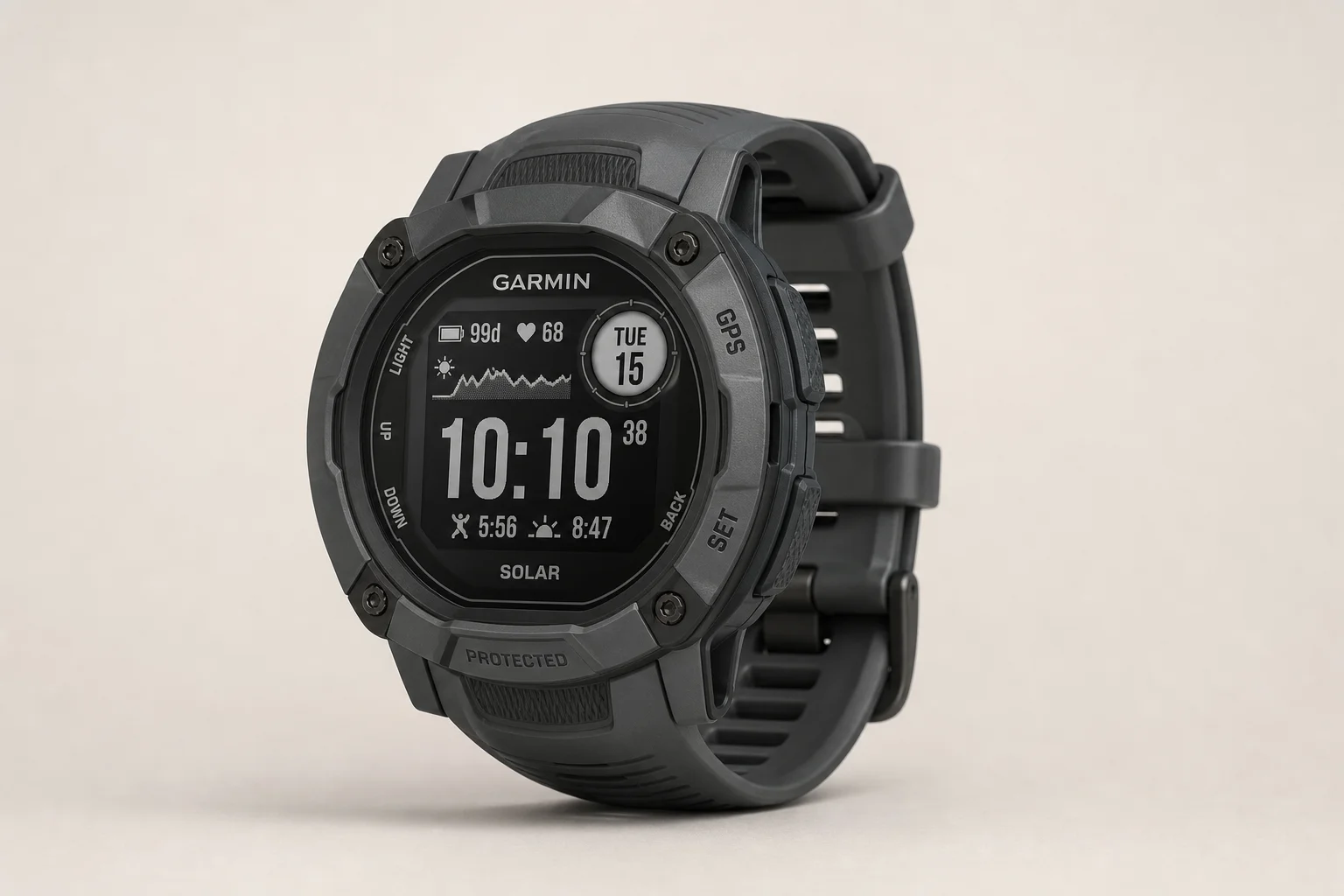 Sammlung von fünf Garmin Sportuhren auf einer Oberfläche aus gebürstetem Aluminium