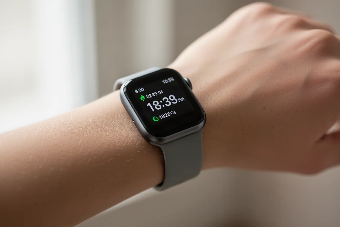 Slim smartwatch on a wrist showing the display activating with raised wrist