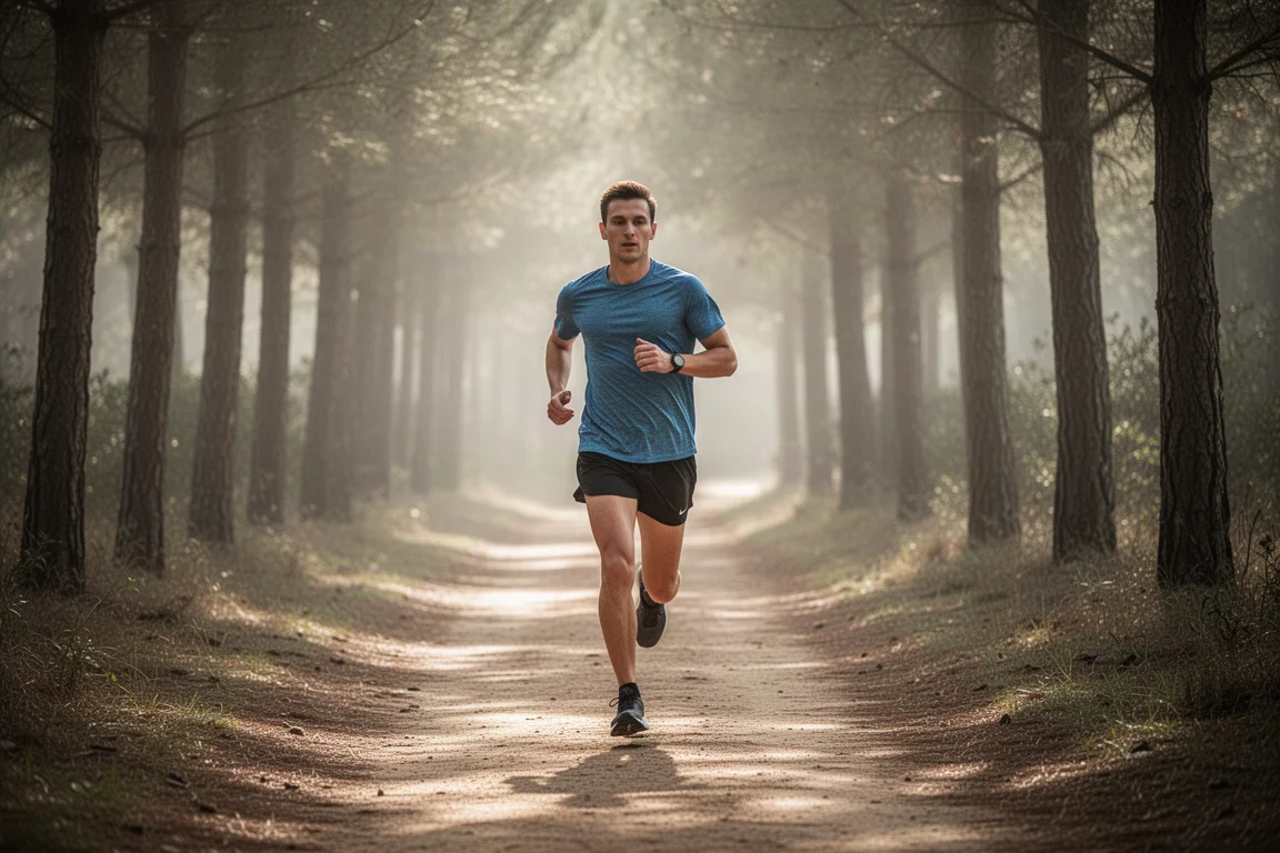Runner on a tree-lined trail in soft daylight
