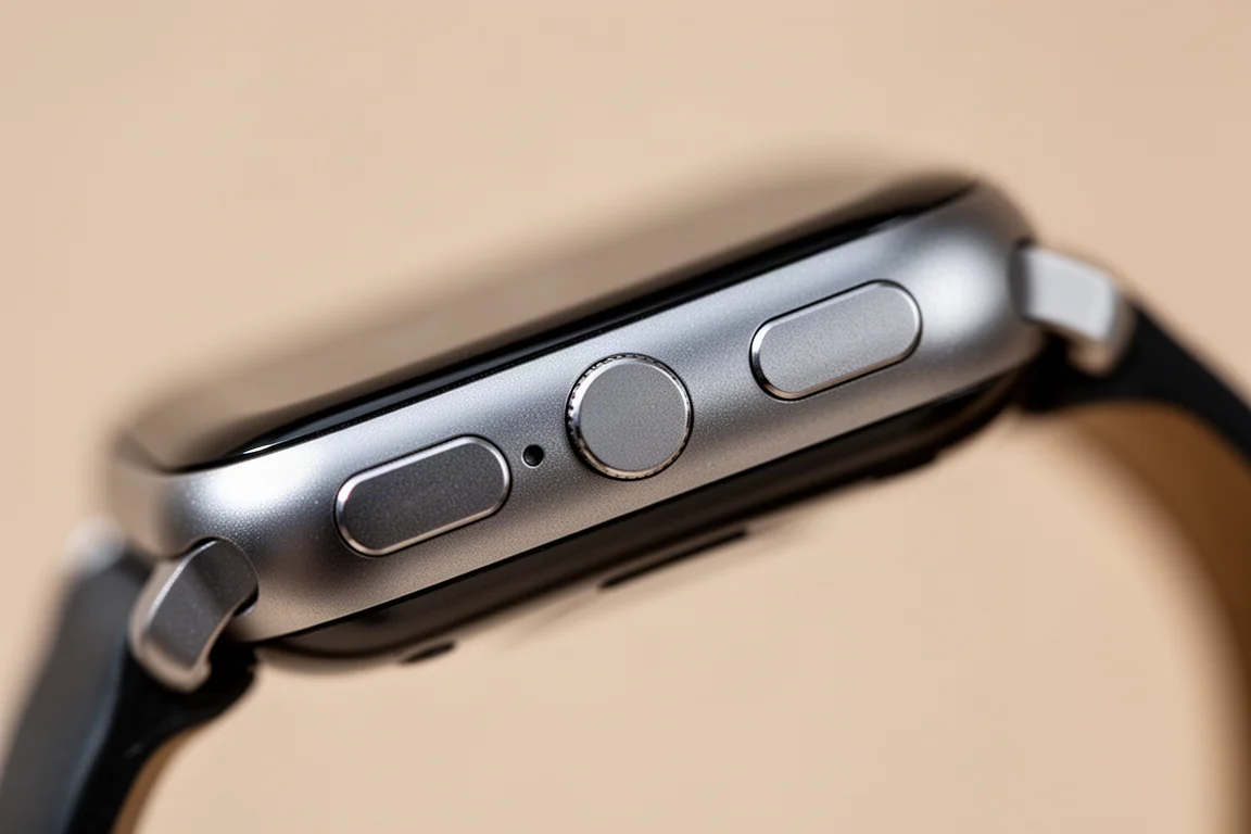 Close-up of two physical side buttons on a small smartwatch