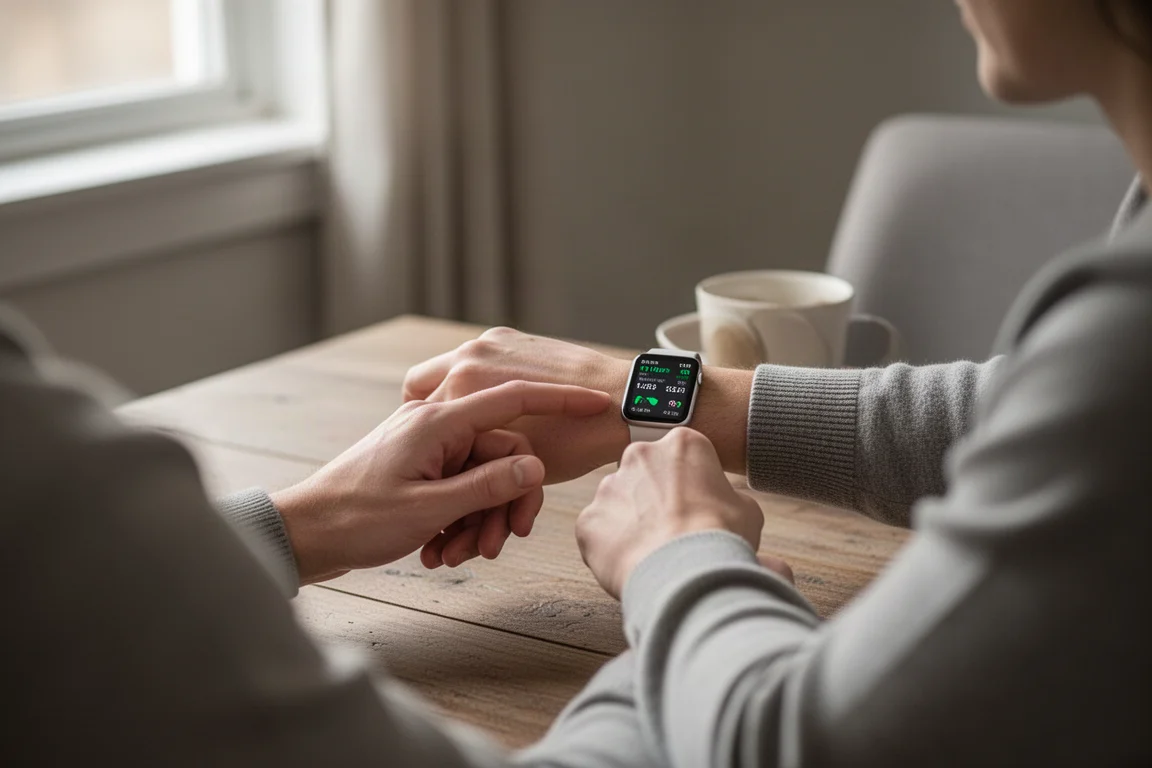 Person checking sleep and health metrics on a watch display at home