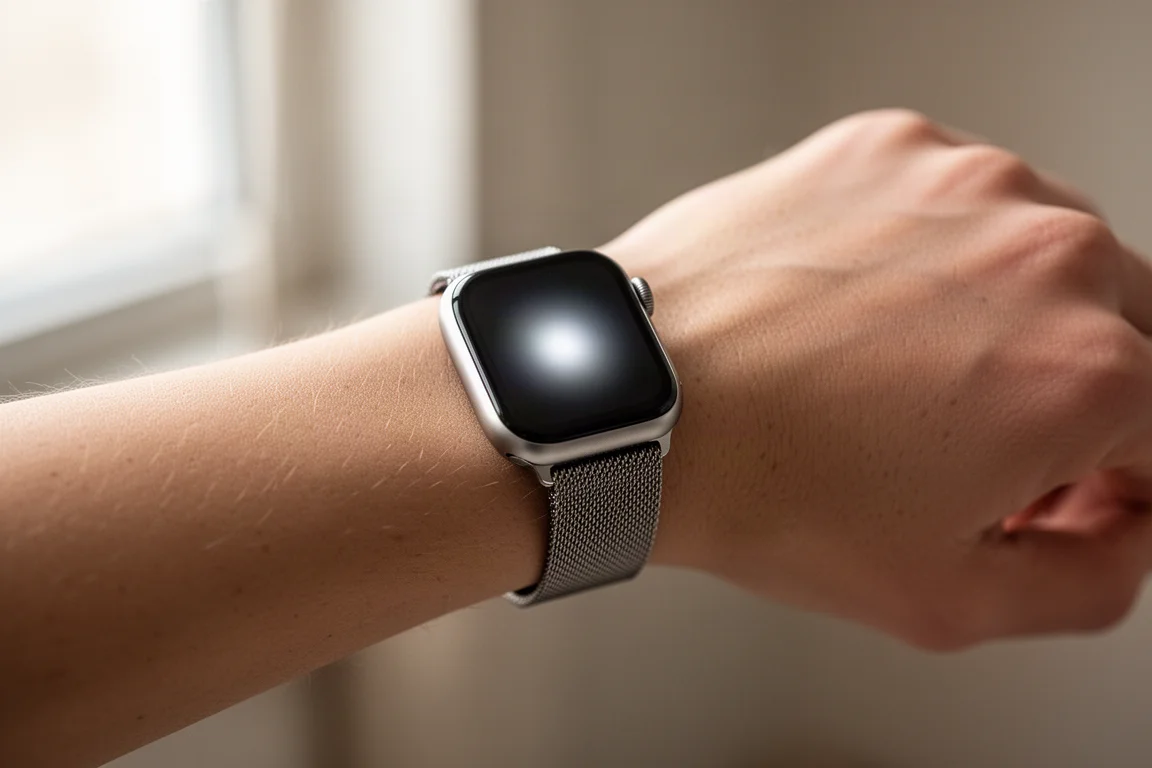 Poignet levé pour réveiller un petit écran de montre connectée en lumière douce du jour
