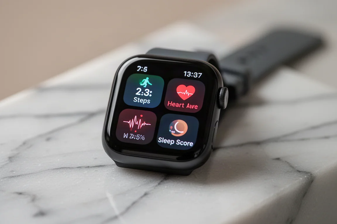 Écran de widgets d'une montre connectée affichant des statistiques de santé en lumière intérieure douce