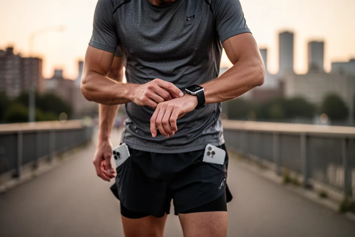 Coureur consultant une petite montre connectée pendant une course en soirée