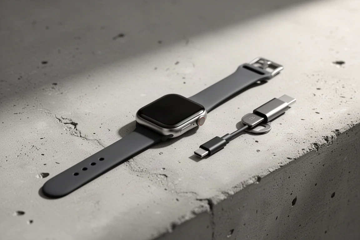 Petite montre connectée en charge sur un bureau à côté d'un câble USB-C
