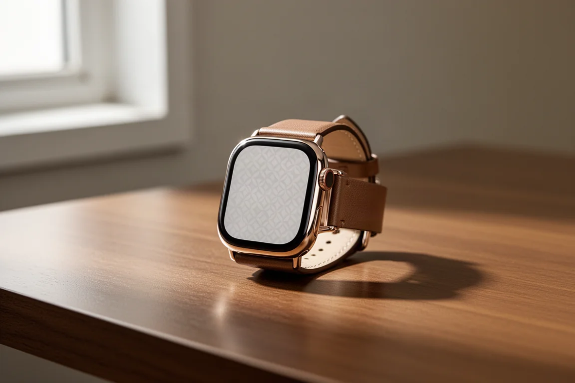 Garmin Lily 2 Smartwatch im Schmuckstil mit Metallgehäuse und Lederarmband auf einem Schreibtisch aus Holz