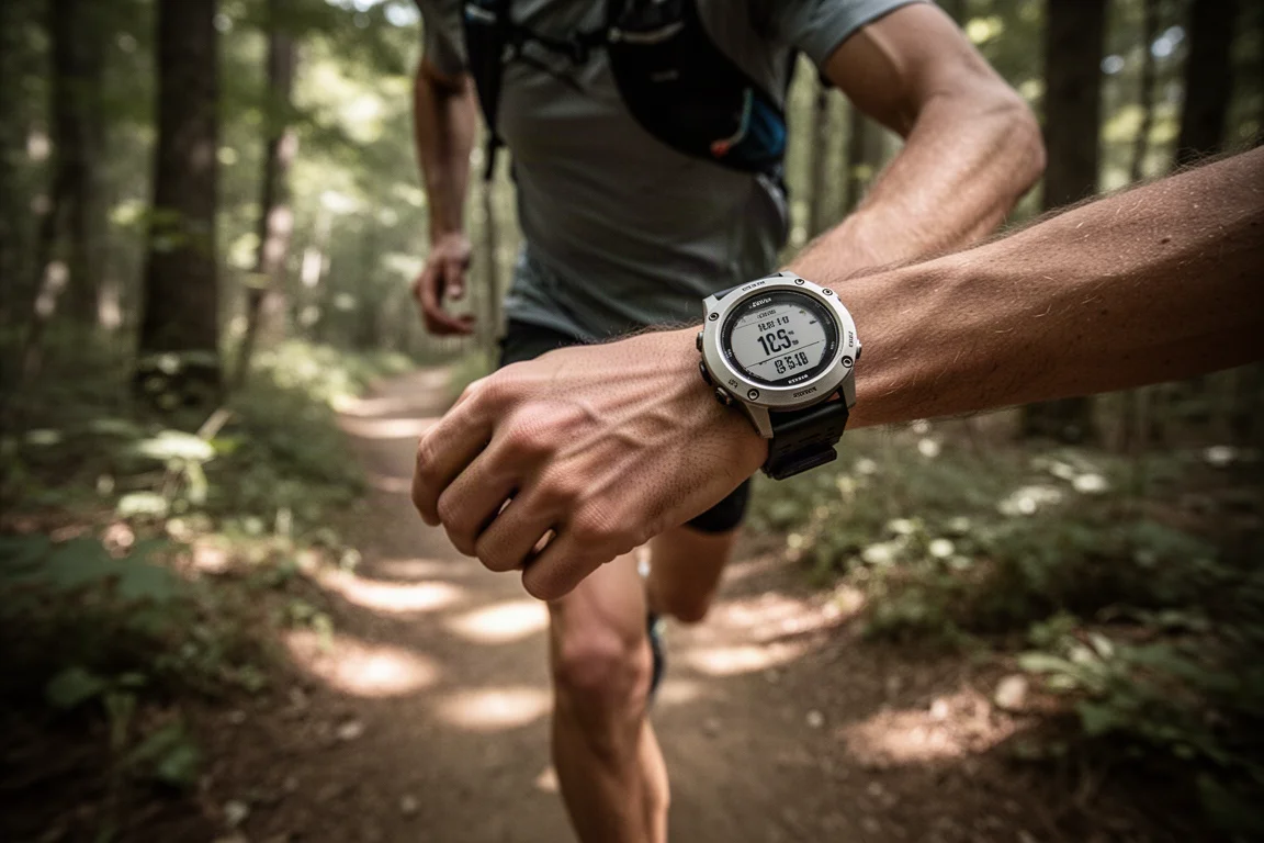 Trail runner percorrendo uma trilha na floresta com um GPS no punho