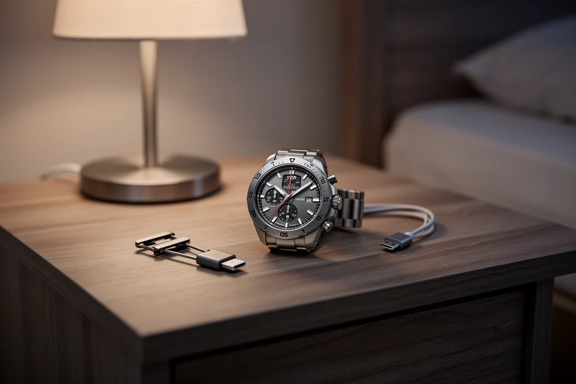 Smartwatch de titânio carregando sobre uma mesa de cabeceira à noite