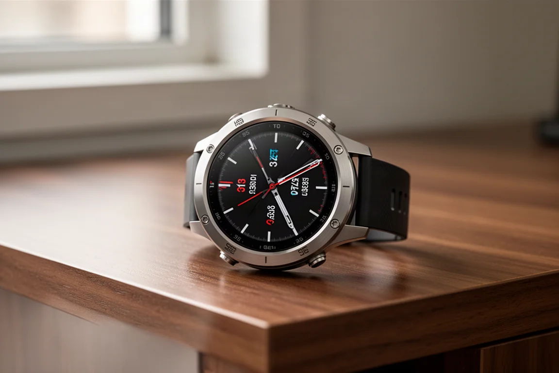 Premium multisport GPS watch with AMOLED display glowing on a desk