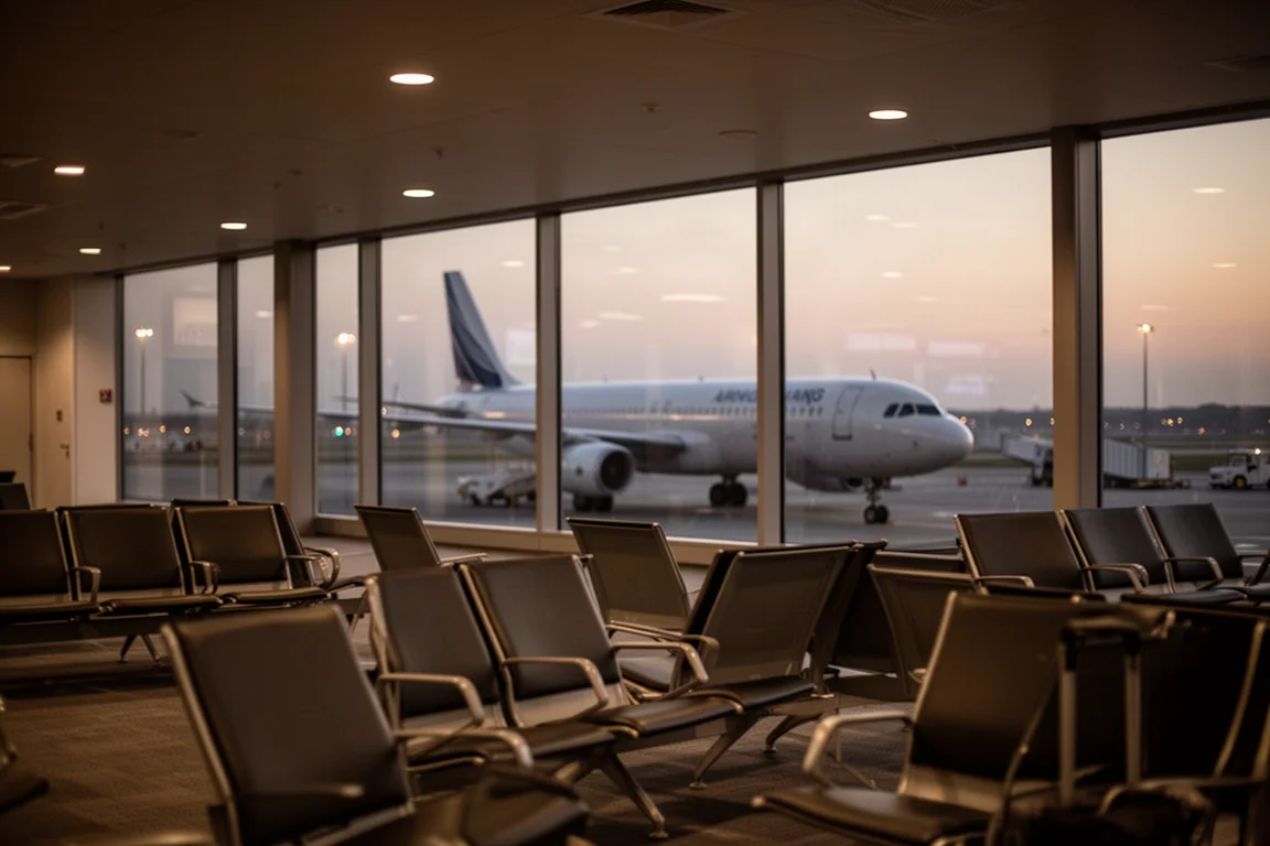 Traveller at an airport gate during evening departures with dim lighting