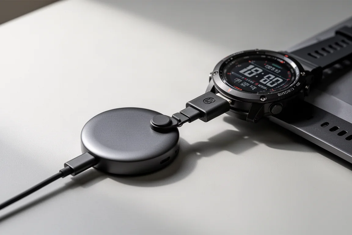 USB-C charging cable connected to a smartwatch charging puck on a desk
