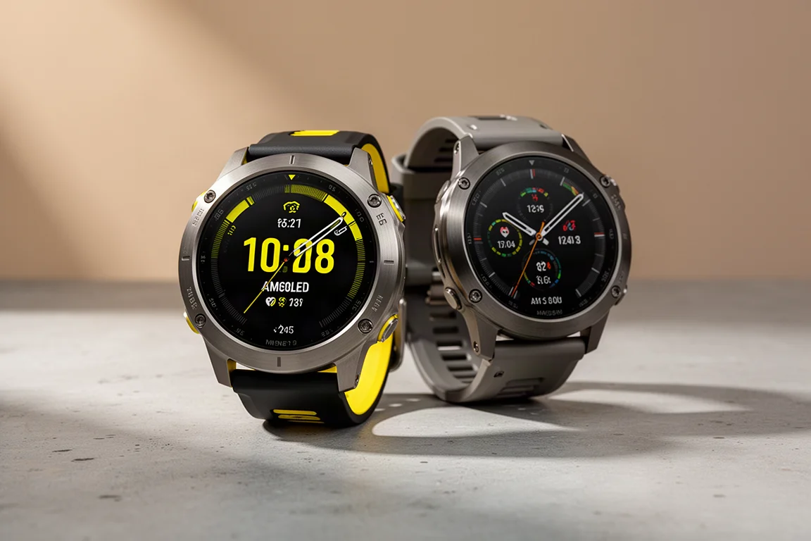 Zwei Premium-GPS-Sportuhren aus Titan mit AMOLED-Displays auf einer Betonoberfläche