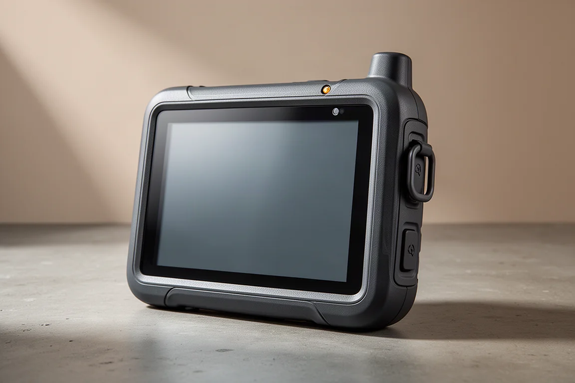 Large rugged handheld GPS with a wide glass display on a matte concrete surface