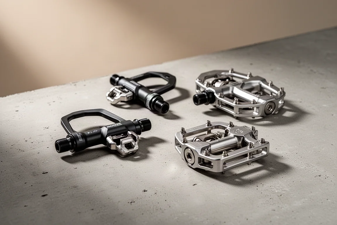 Garmin Rally road and mountain power meter pedals on a concrete surface