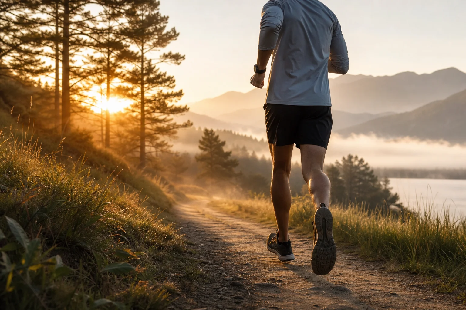 Runner wearing a sports watch during an outdoor trail run at sunrise
