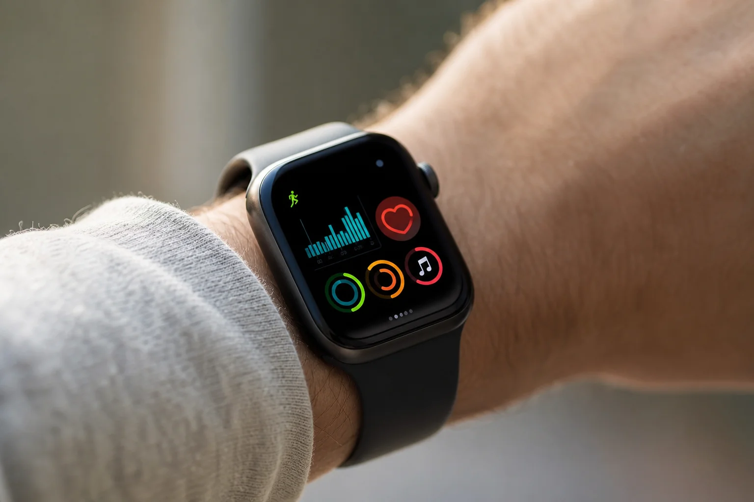 Close-up of a smartwatch display showing fitness metrics and notifications