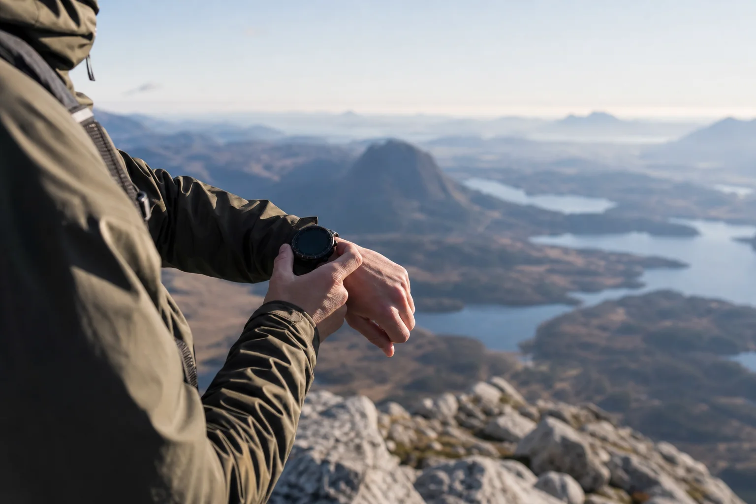 Outdoor adventurer navigating terrain with a rugged sports watch