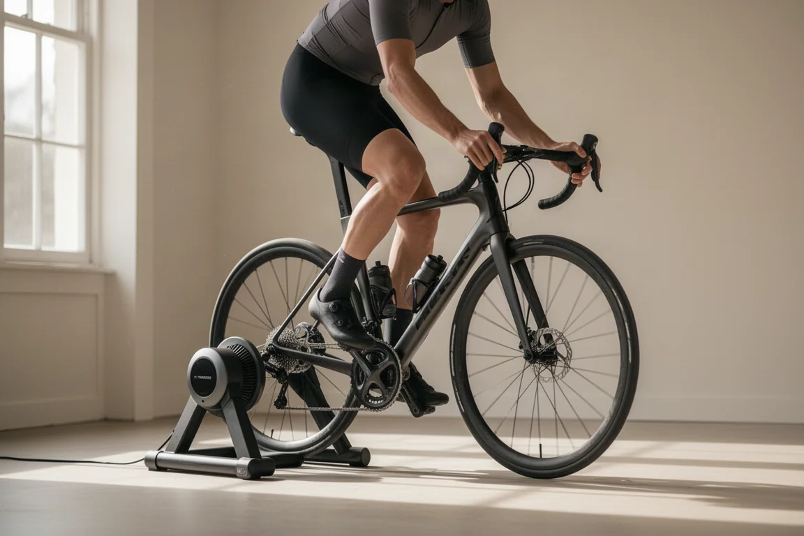 Indoor cyclist riding up a simulated steep climb with the front of the bike raised