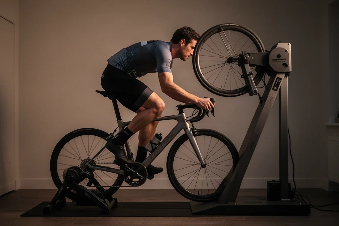 Cyclist sprinting hard on an indoor trainer with motion in the frame