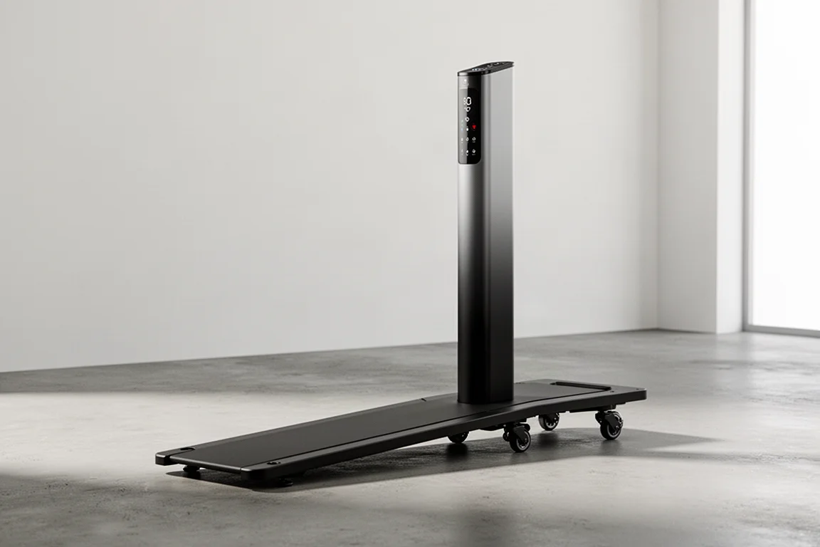 Tacx Alpine gradient simulator tower holding a road bike fork in a bright home gym