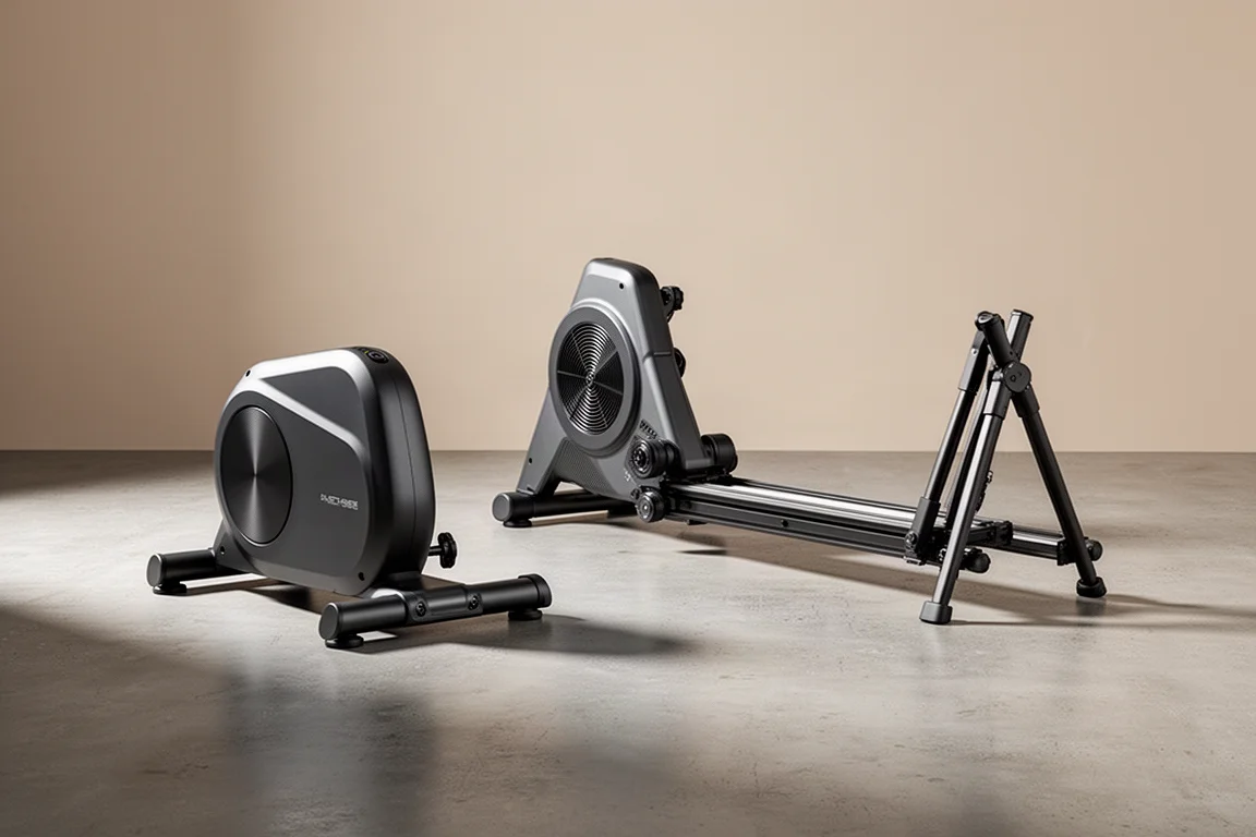 Two premium direct-drive smart trainers side by side on a concrete floor